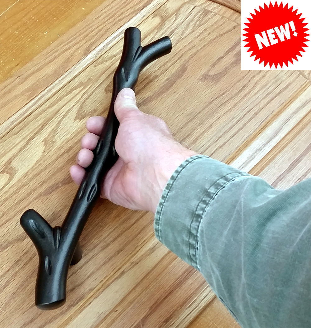 Large tree branch barn door handle with textured flush pull, available in multiple finishes, sold as a set.
