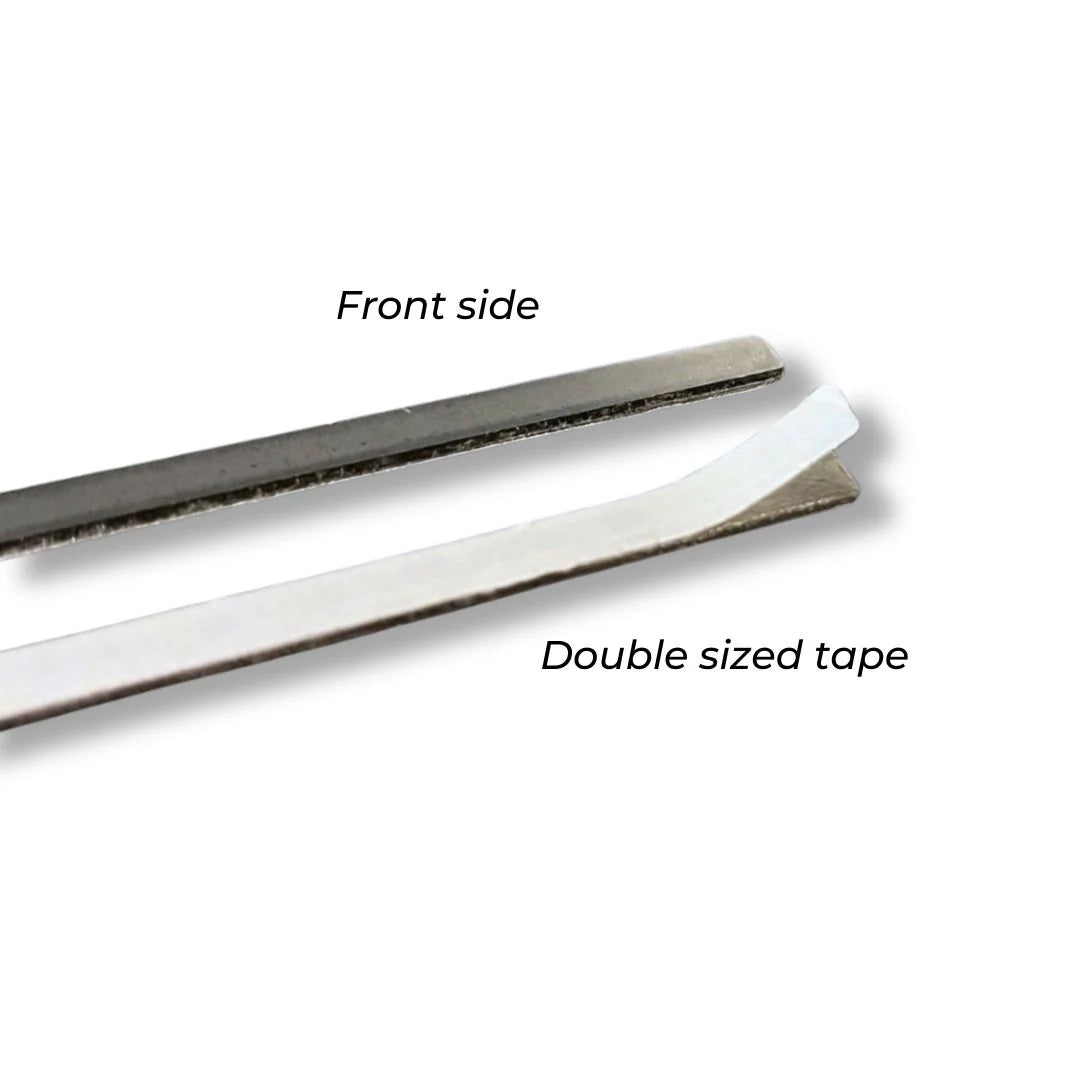 Stainless steel metal door shims pack of 10, featuring a front side and double-sided tape for easy installation.