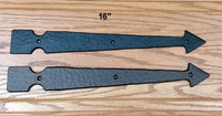 16-inch faux arrow strap hinge featuring a hammered distressed surface for decorative and functional use.
