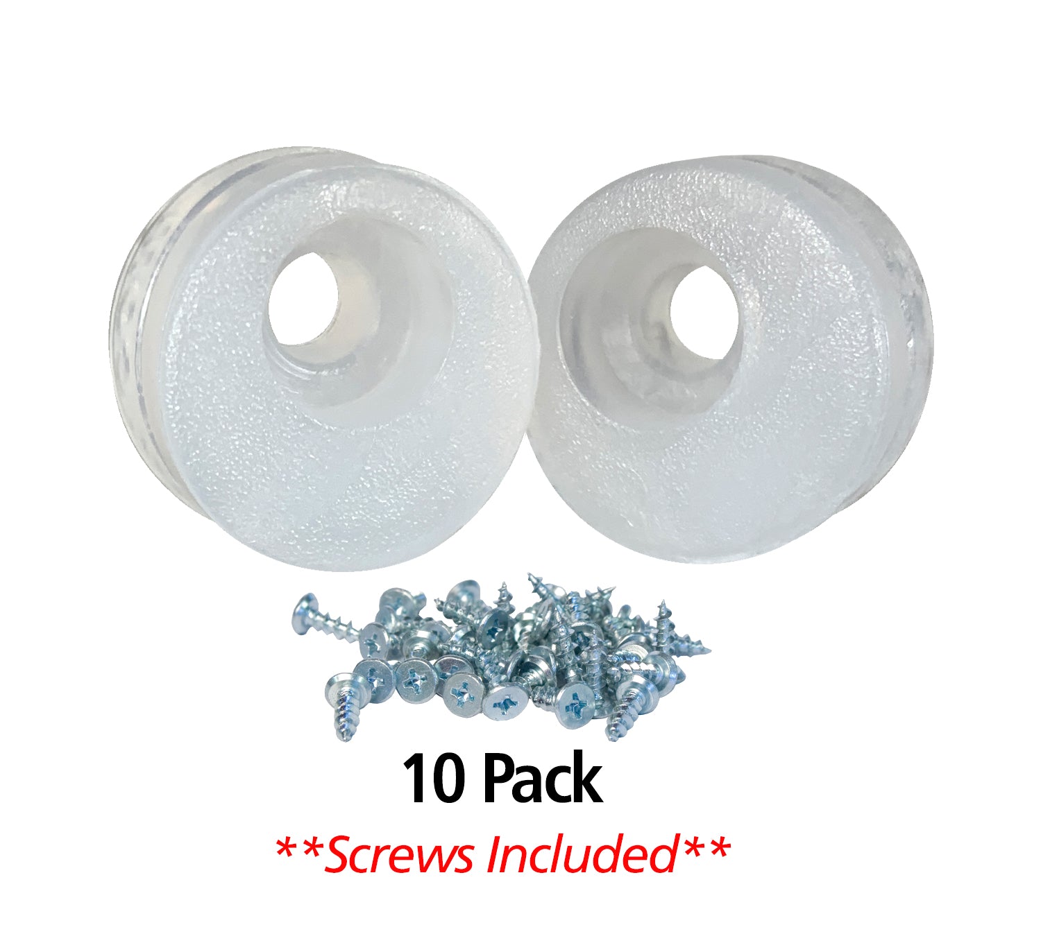 Clear Euro cabinet door stops in a 10 pack with included screws for easy installation and secure door closure.