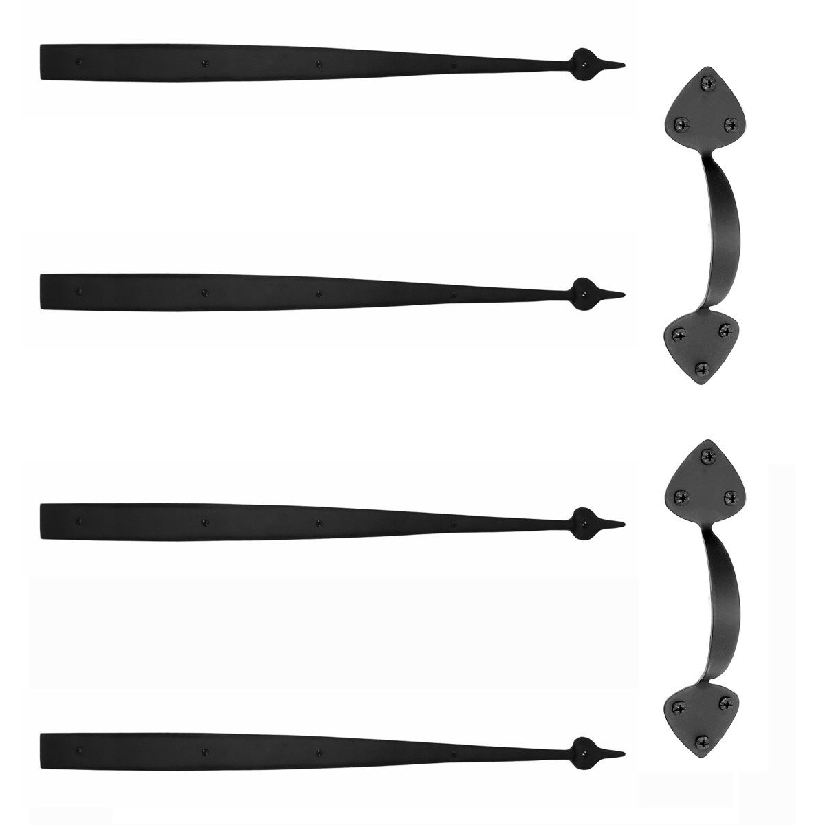Matte black small spear garage door hardware kit set, 24 inches, includes decorative straps and handle for installation.