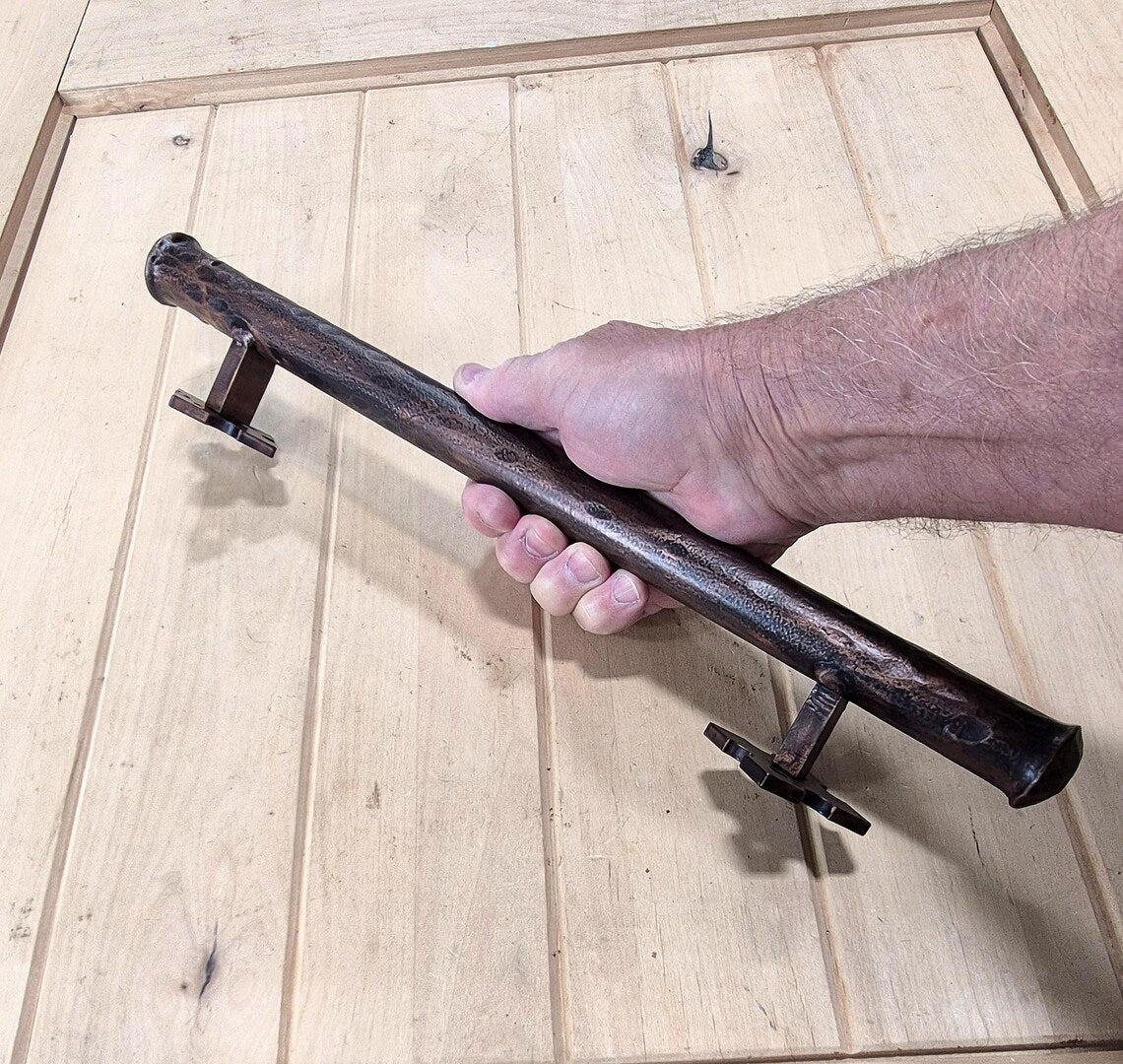 Round bar distressed barn door handle, 1-inch diameter, available in multiple sizes and finishes, sold individually.
