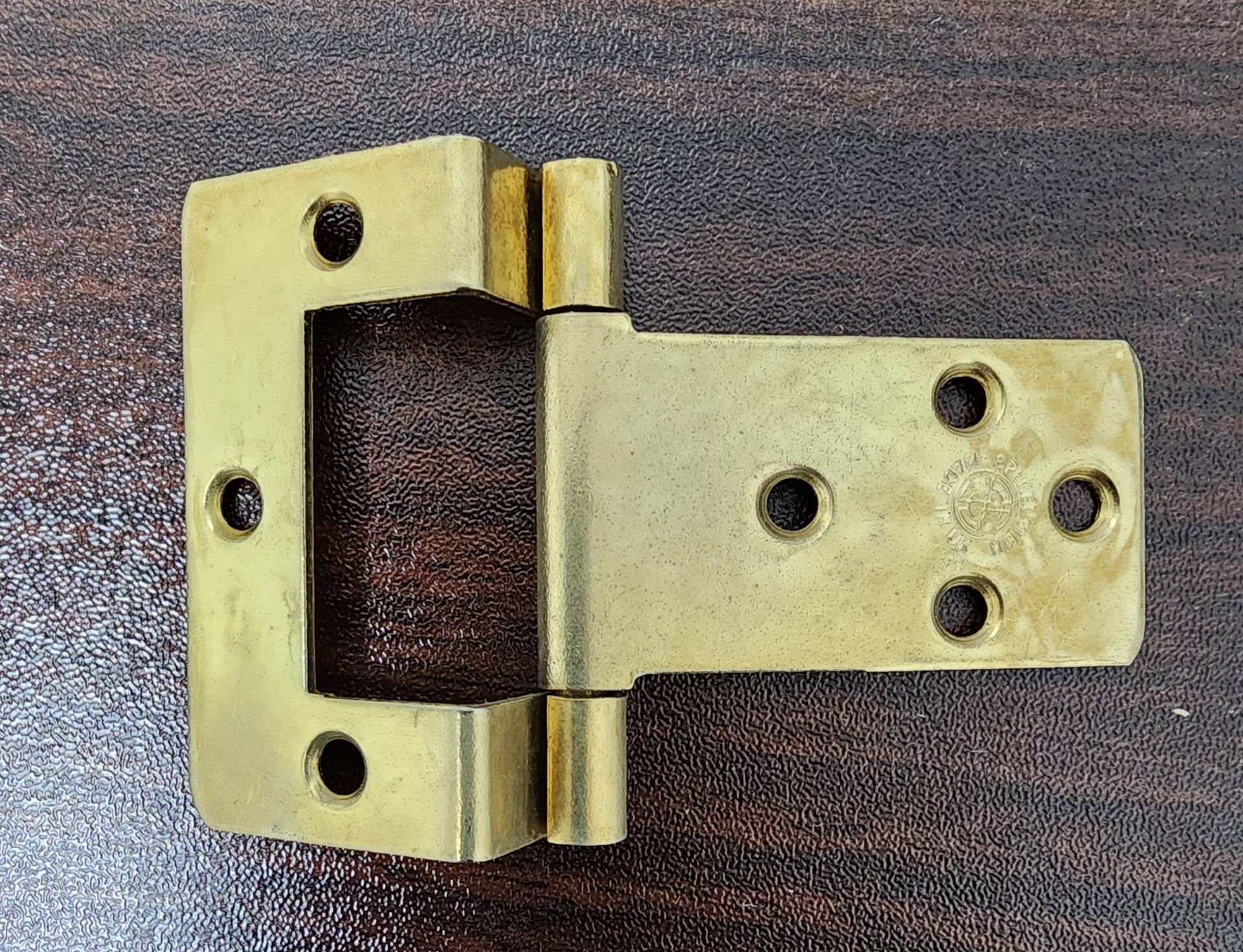 Bifold flat flush hinge for overlay doors, non-mortise, 2 inches, high-quality steel in polished brass finish.