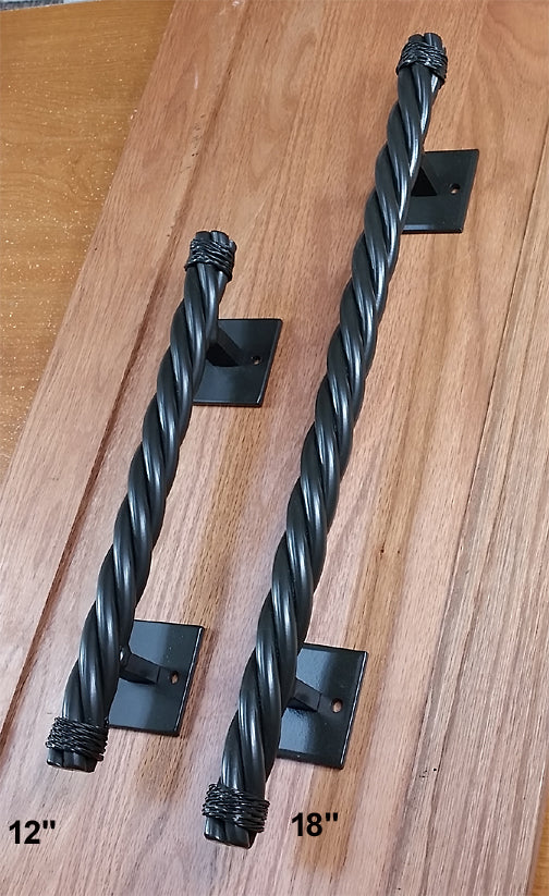 Rustler #4 rope style door pulls in 12 and 18 inches, featuring a twisted design and various finishes available.