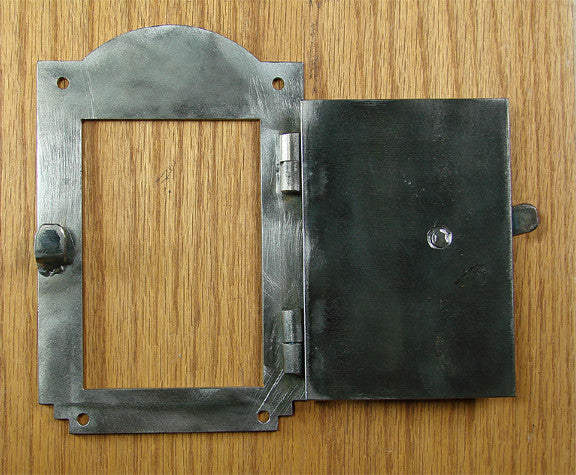 Peephole hinged door viewer kit with arched top design, featuring a metal frame and hinged cover for easy access.