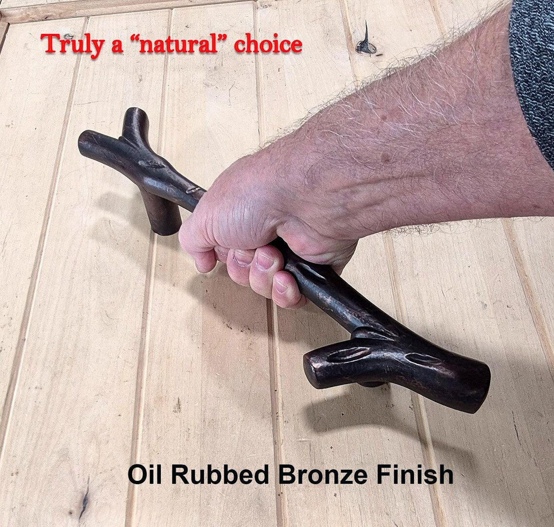 Tree branch handle pull in oil rubbed bronze finish, 13-1/2 inches, ideal for barn doors, showcasing a natural design.