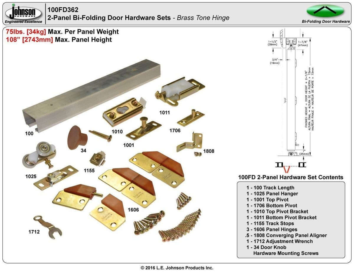 Bifold door hardware set for two 36-inch doors with brass finish, includes track and mounting components.