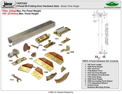 Bifold Door Hardware - 2 Doors - 36" Inch Track For 18" Inch Panels - Brass