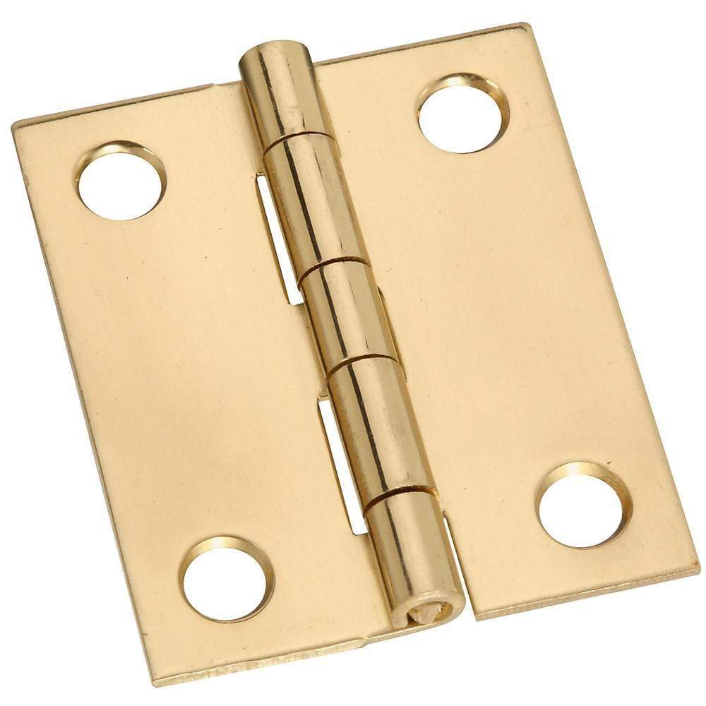Small broad hinge measuring 1-1/2" x 1-1/4", available in multiple finishes, sold in a 2 pack. Ideal for various applications.
