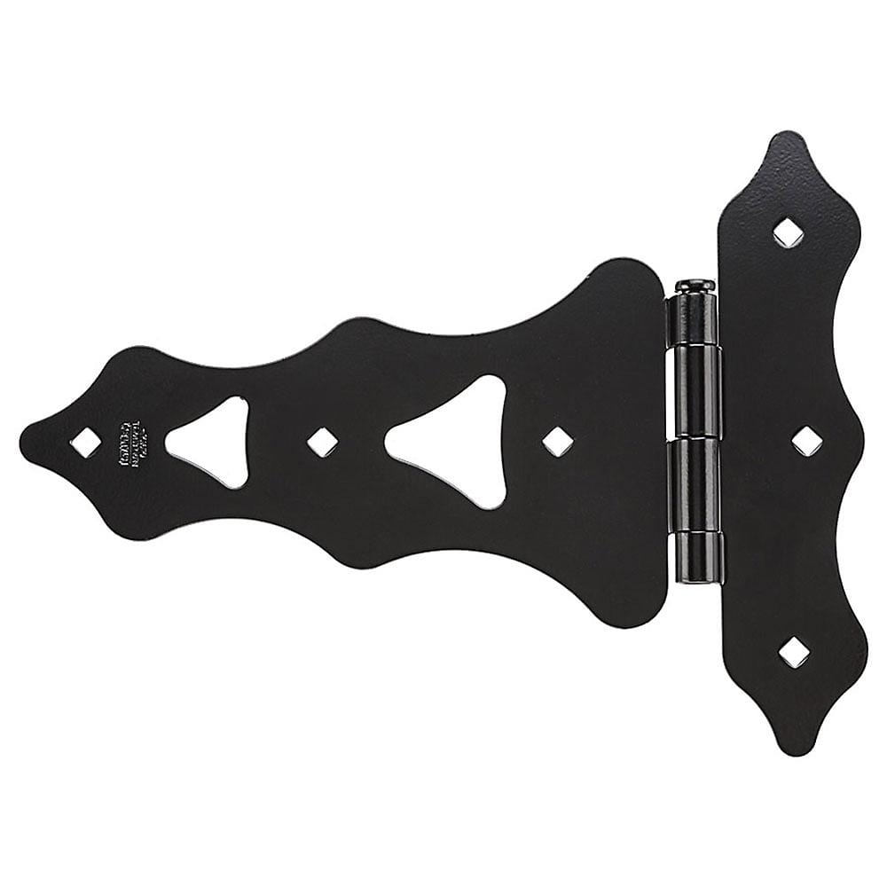 Black decorative T hinge, 10 inches, featuring an ornate design, sold individually for stylish hardware applications.