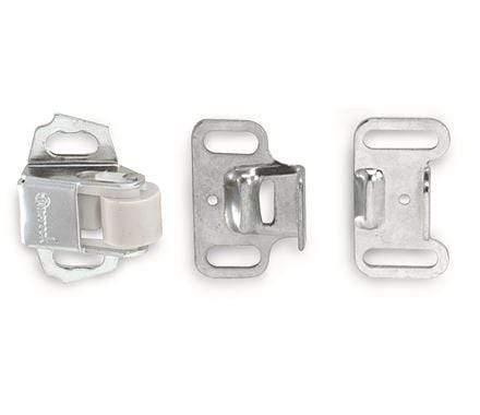 Zinc-finished roller catch for cabinets, measuring 1-1/2" x 1-1/8", sold individually for secure closure.