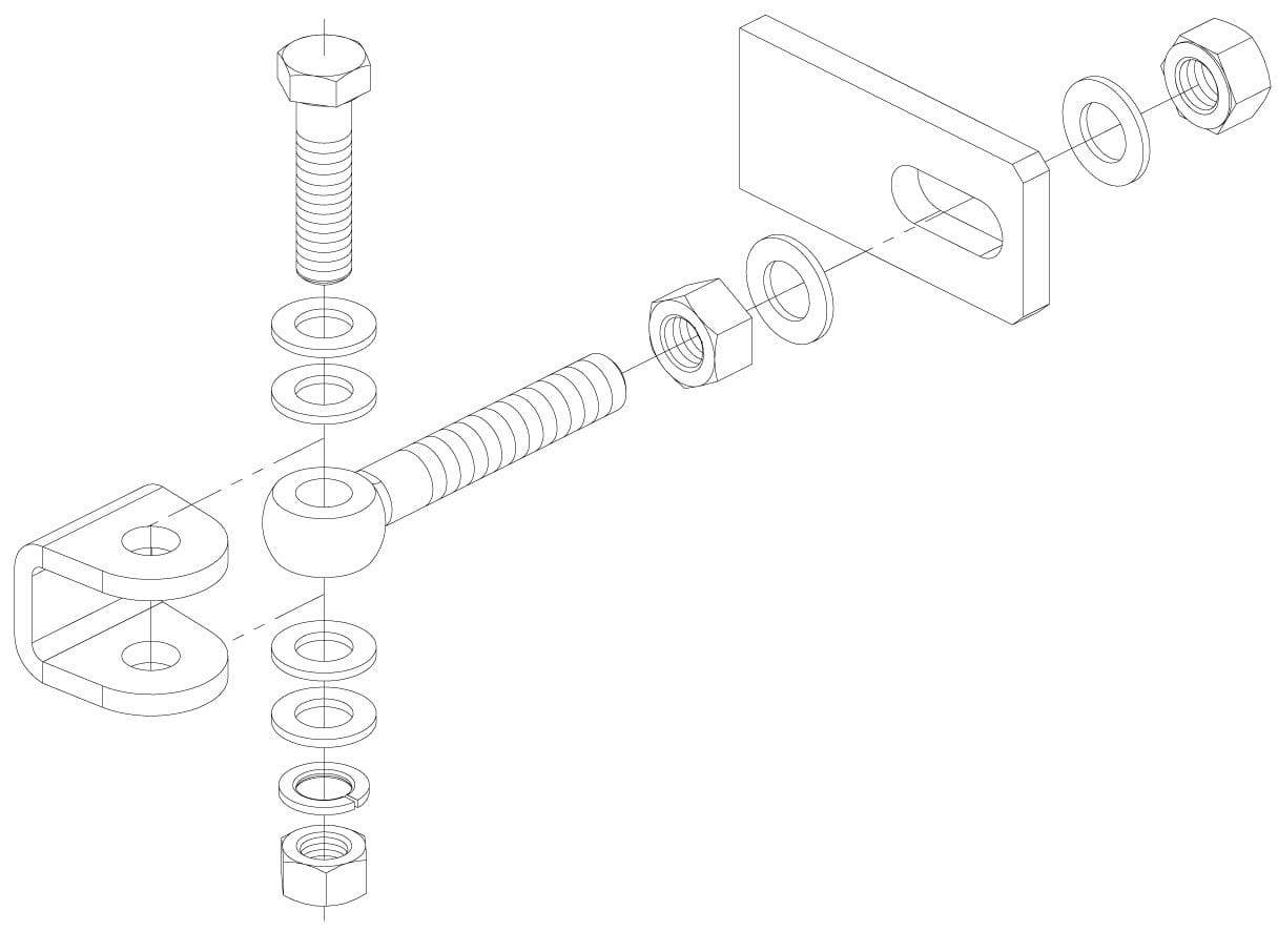 Exploded view of a 180° 3-way adjustable weld-on gate hinge with components for installation and assembly.