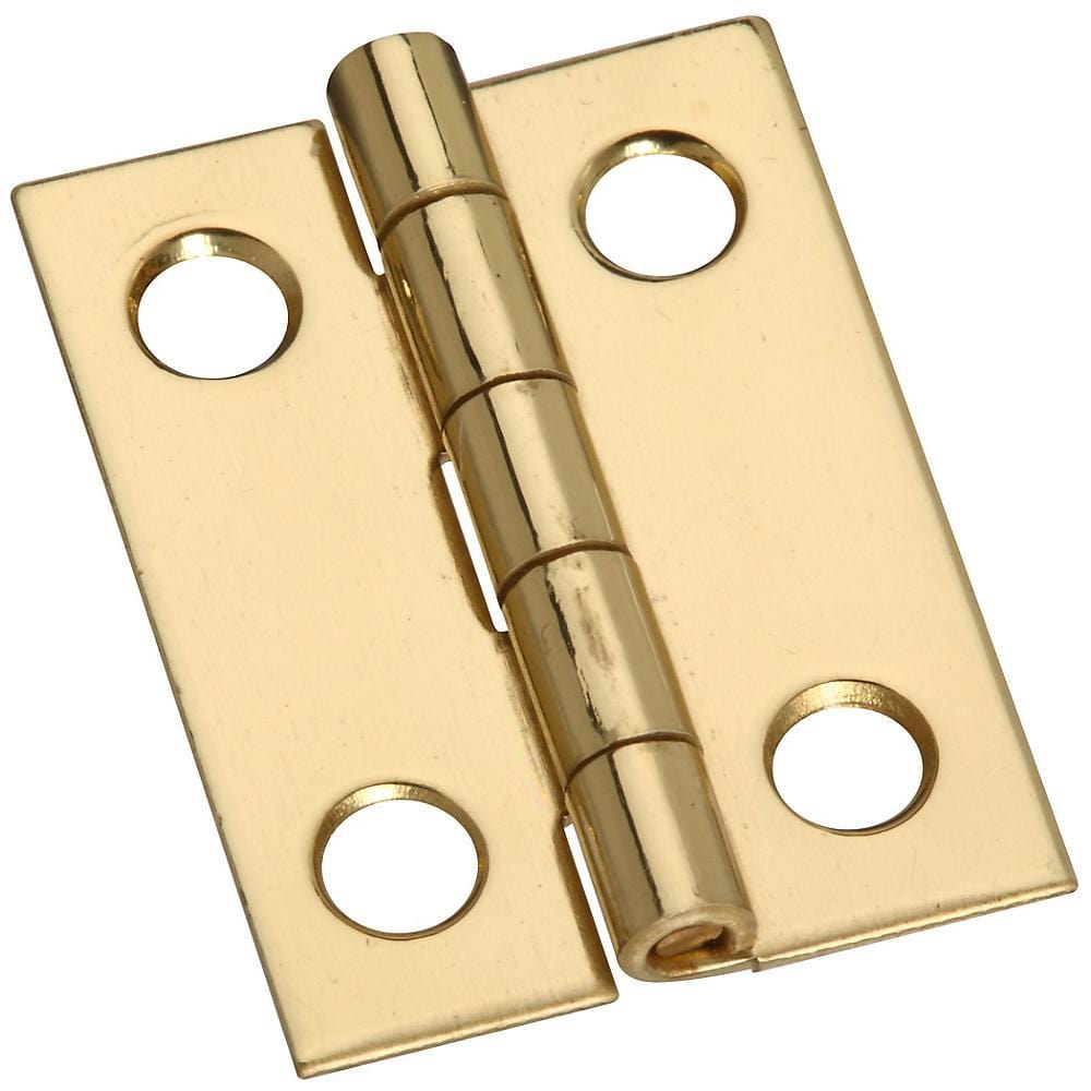 Small narrow solid brass hinges measuring 1" x 3/4", sold in a pack of four for durable door and cabinet use.