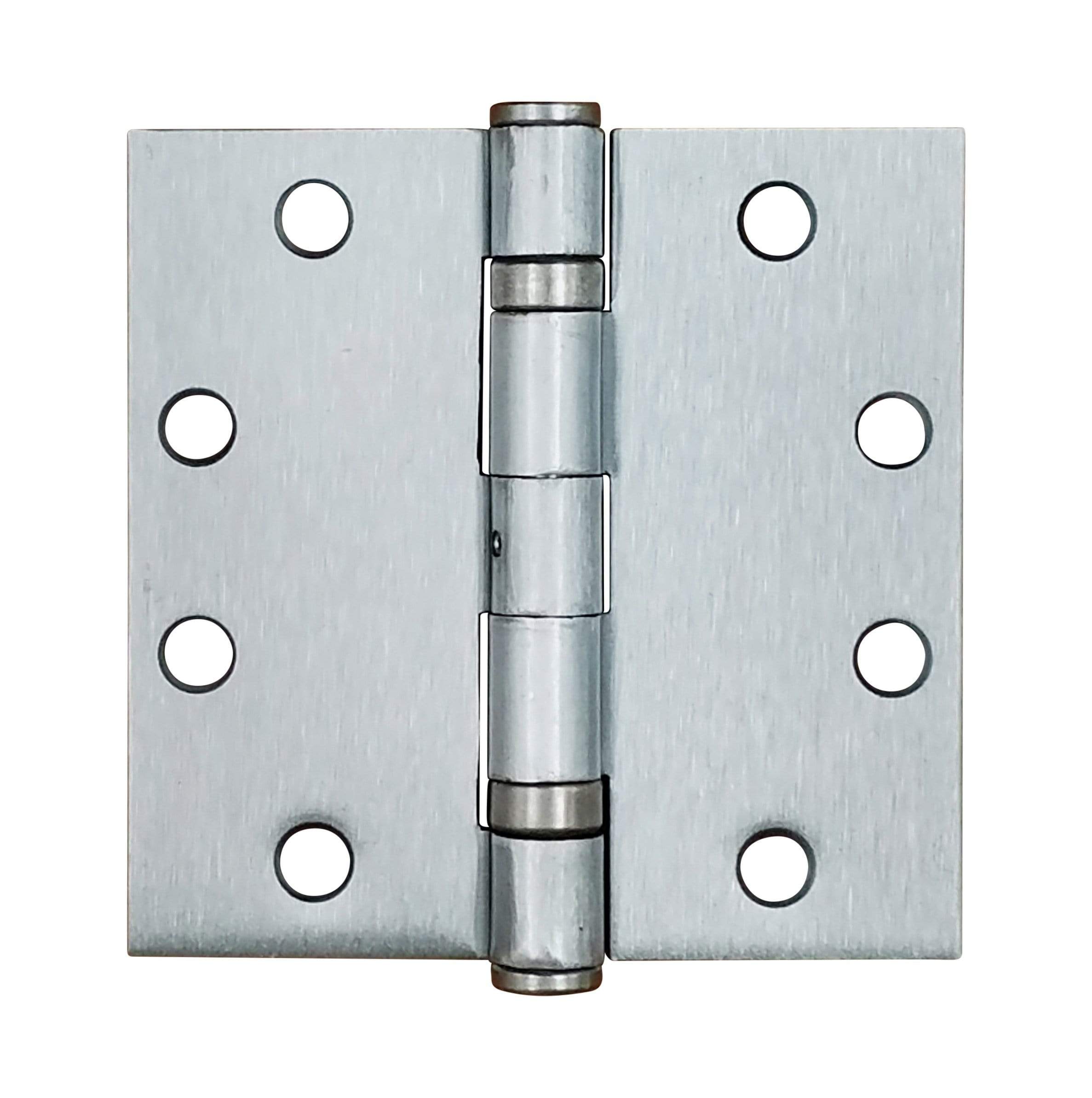 Commercial ball bearing hinges in 4 1/2" square design, available in multiple finishes, sold in a 2 pack.
