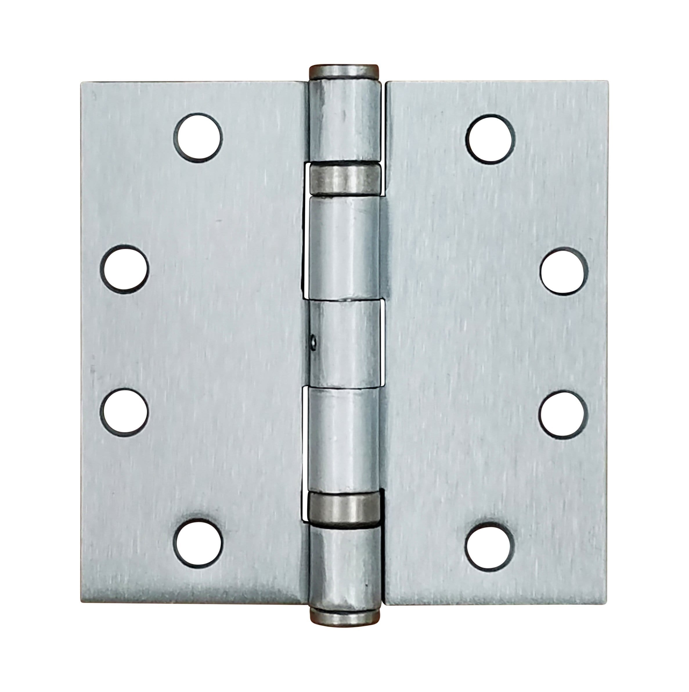Satin nickel commercial ball bearing hinge, 4.5x4.5 inches, square corners, sold in pairs for durability and strength.
