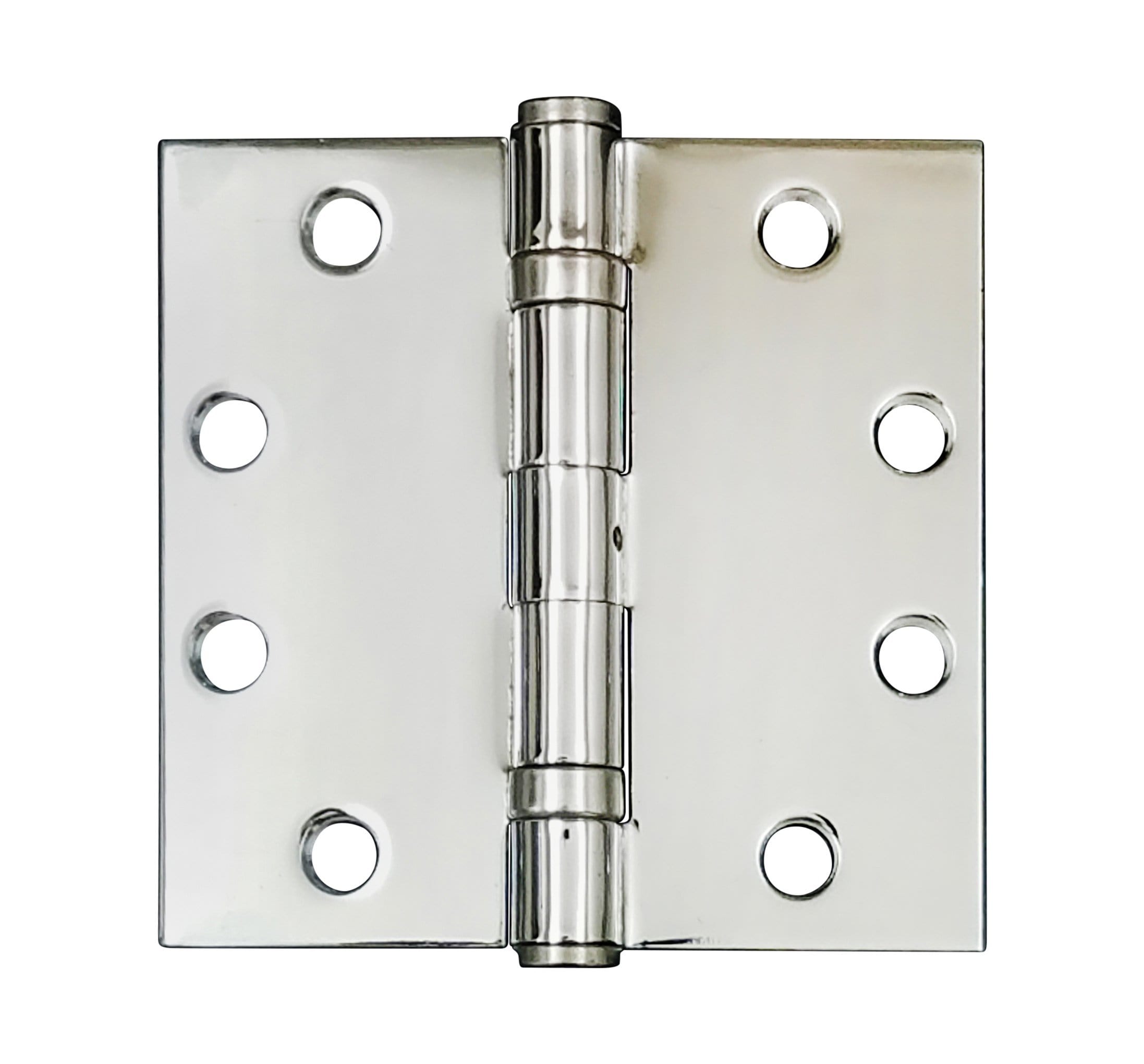 Polished chrome commercial ball bearing hinge, 4.5"x4.5", square corners, sold in pairs for durability and style.