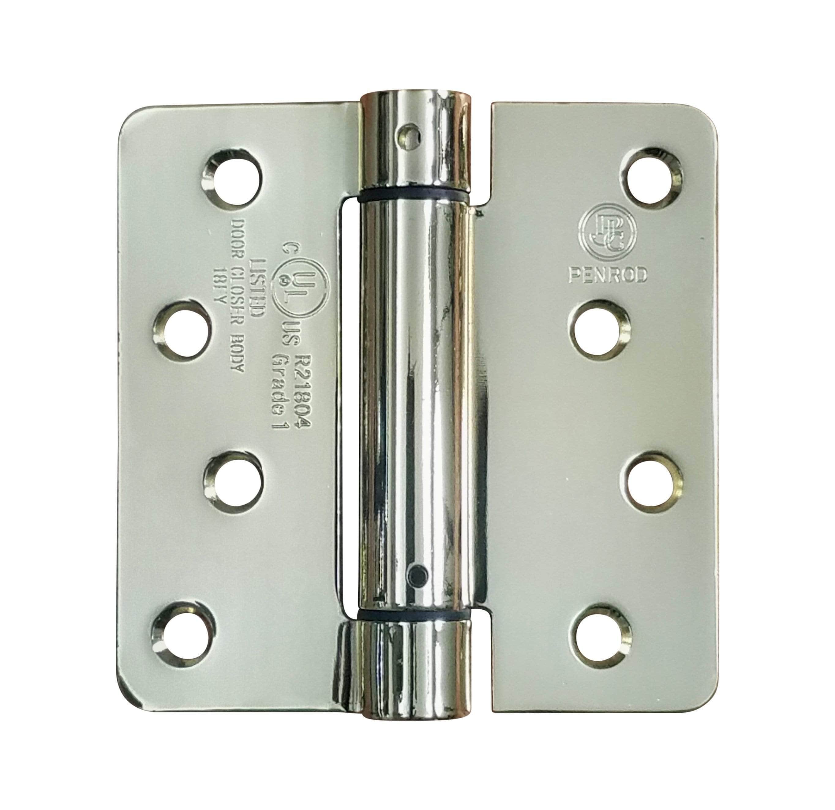 4x4 inch spring hinges with 1/4 inch radius corners available in multiple finishes, sold in a 2 pack.
