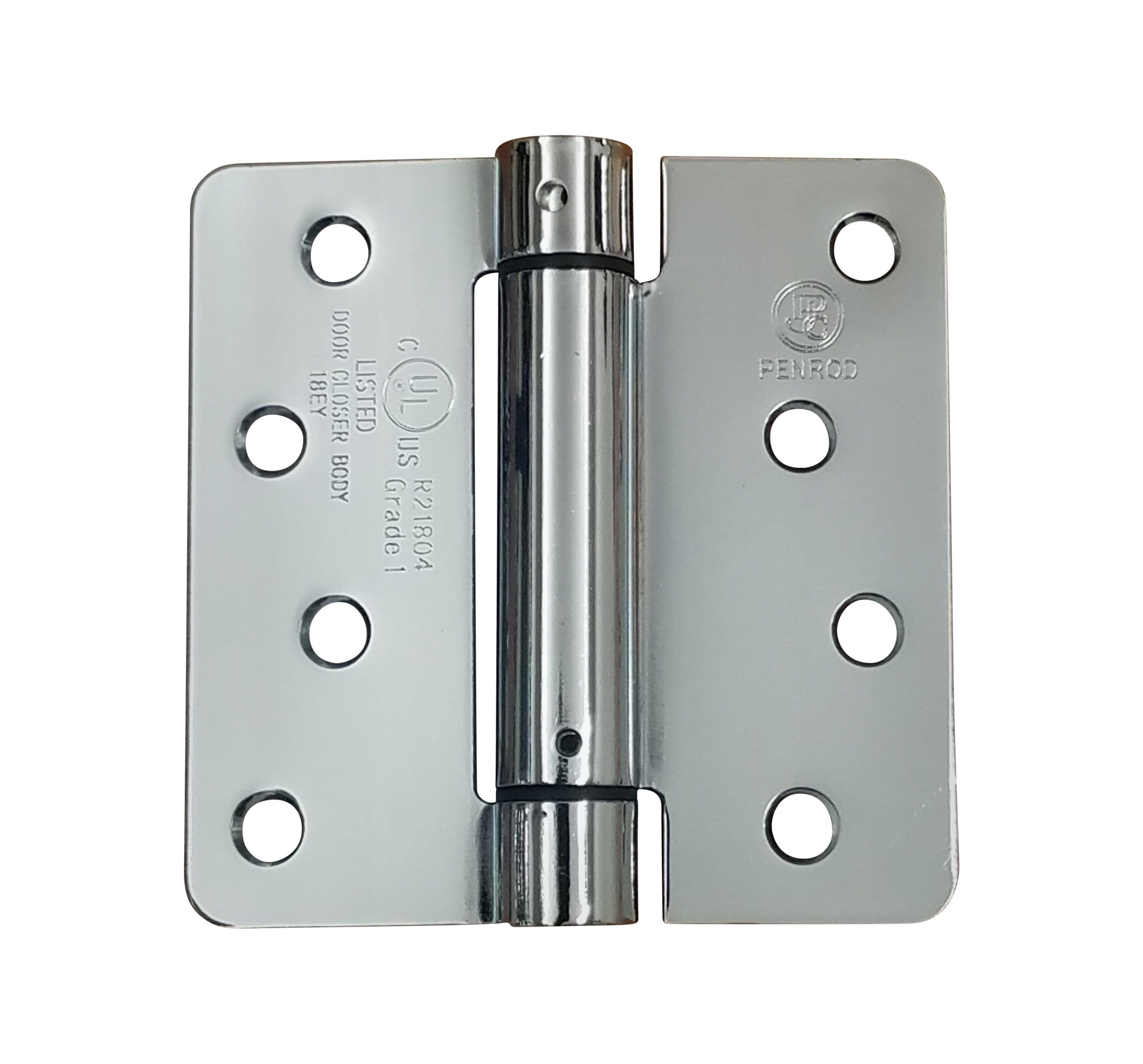 4x4 inch spring hinges with 1/4 inch radius corners, available in multiple finishes, sold in a 2 pack.