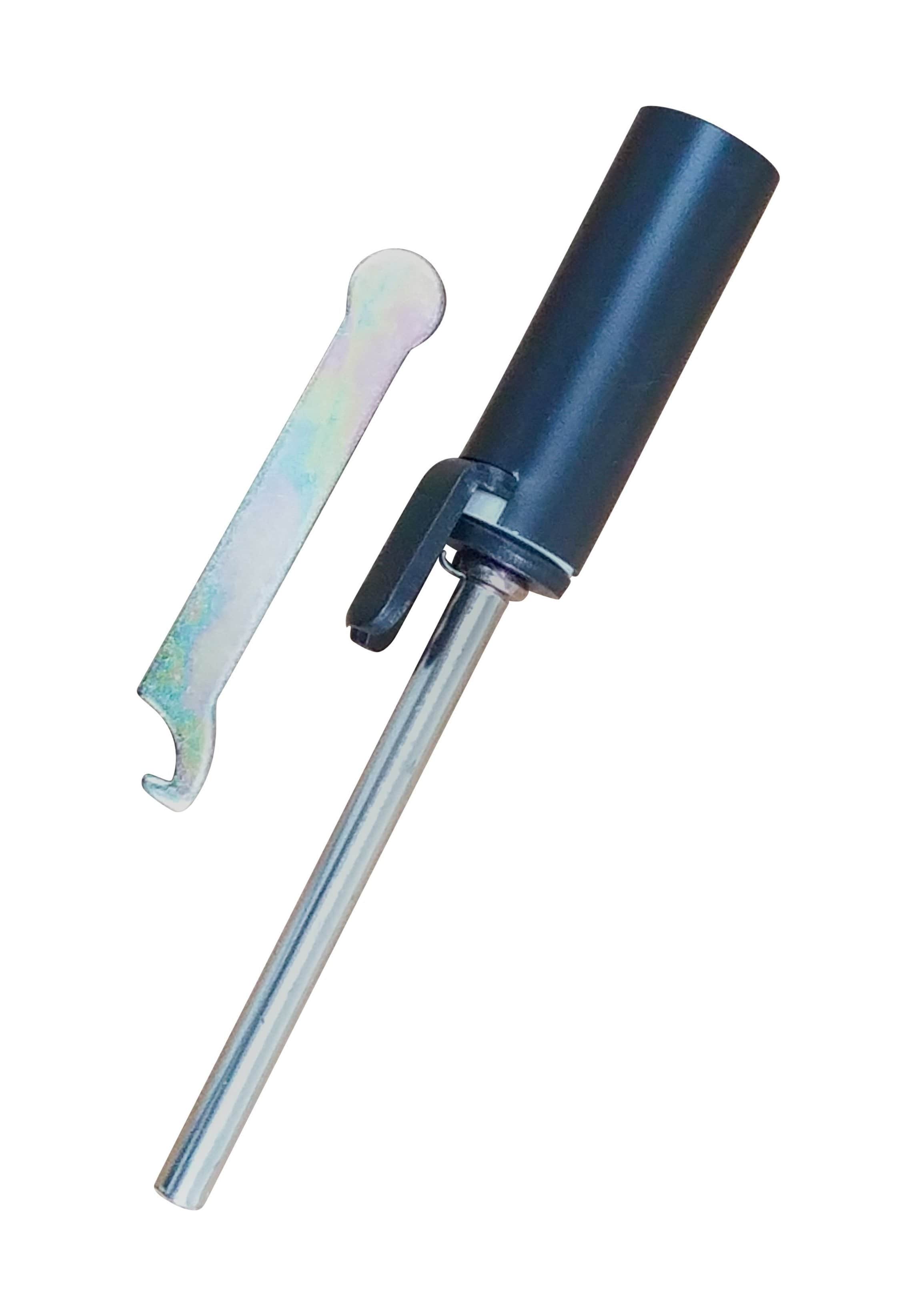 Hinge pin door closer with a metal pin and a removal tool for easy installation and adjustment.
