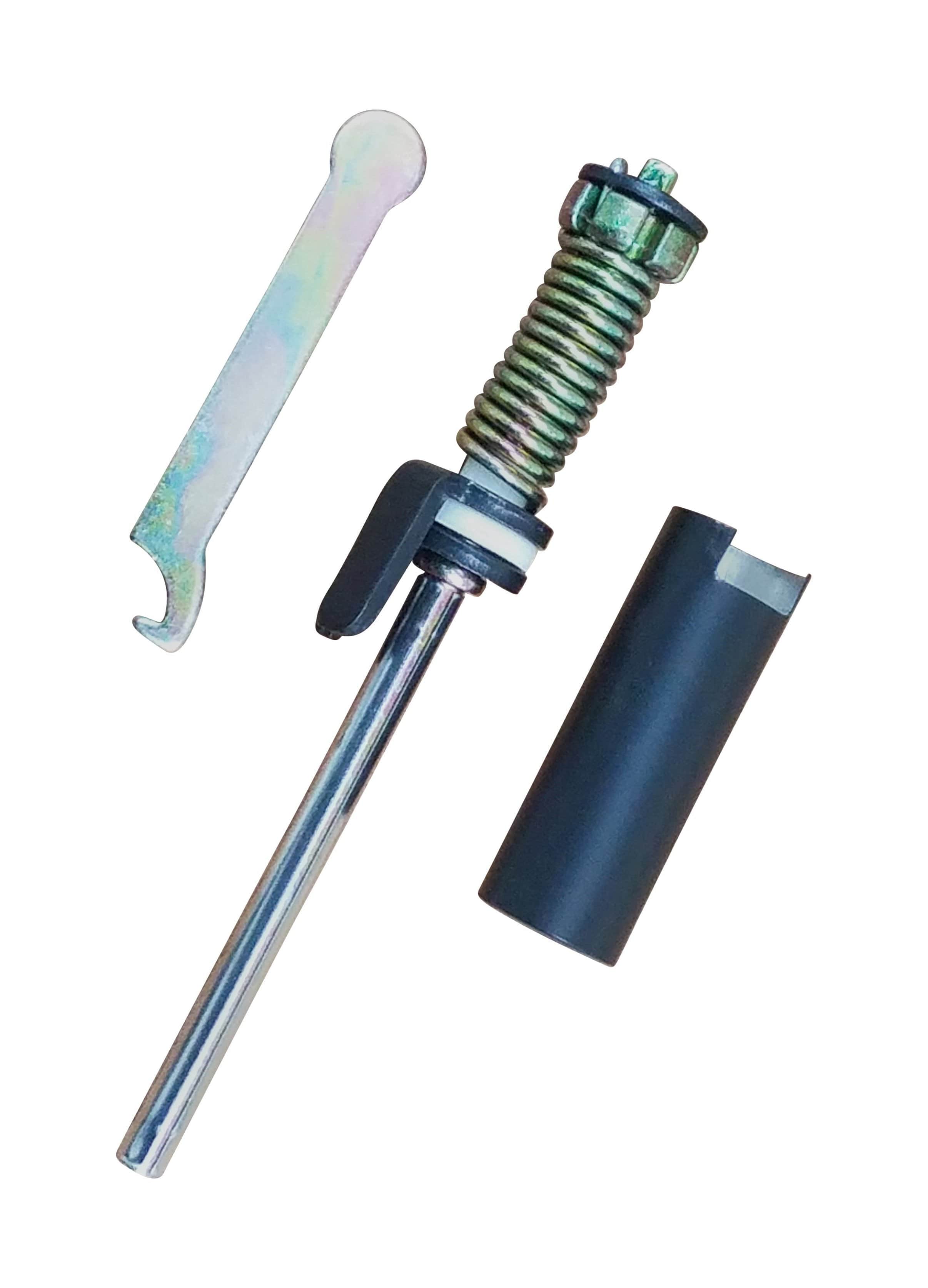 Hinge pin door closer with spring mechanism, mounting clip, and protective sleeve for smooth door operation.