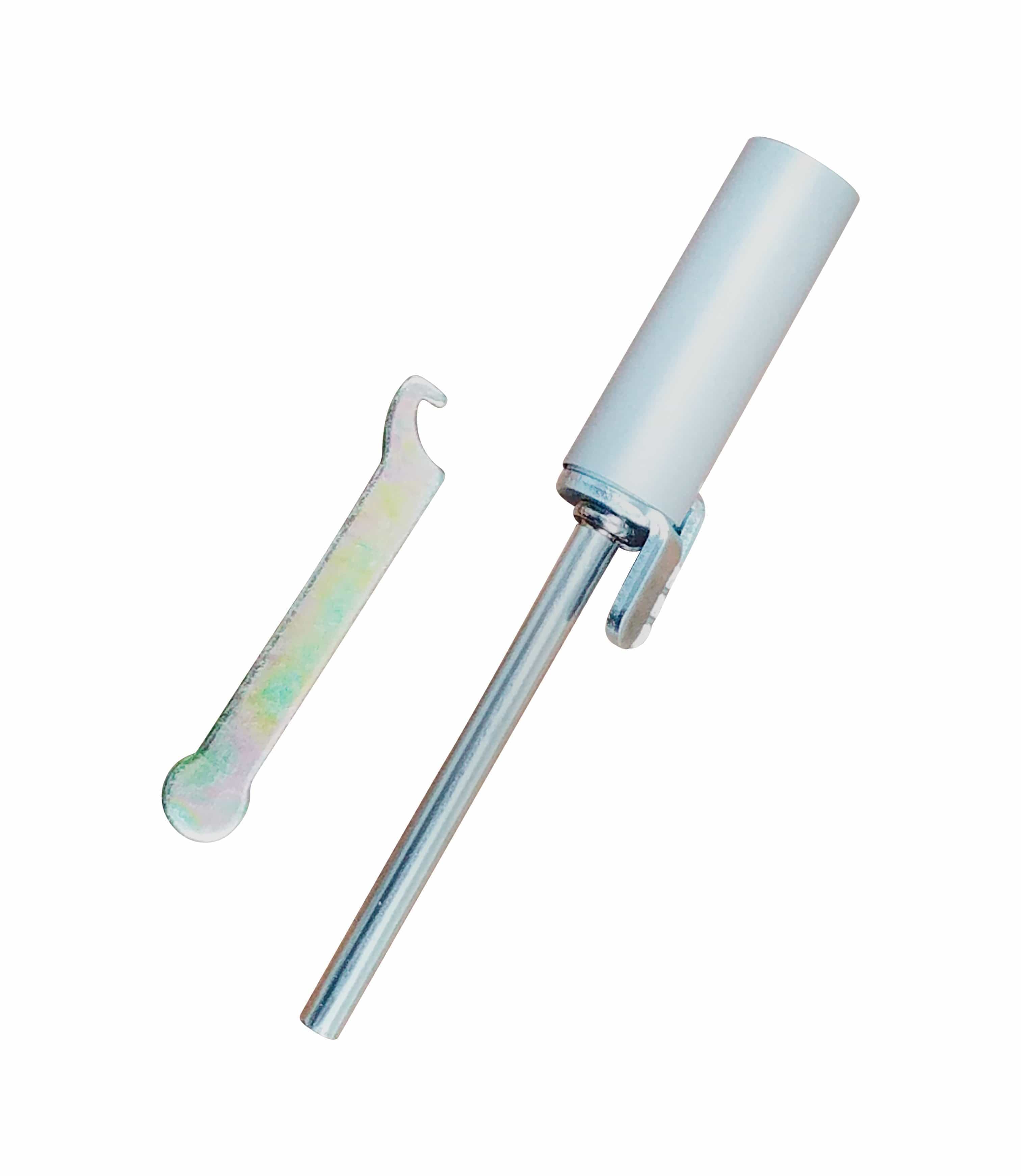 Hinge pin door closer with a metal pin and installation tool for easy door closing and alignment.