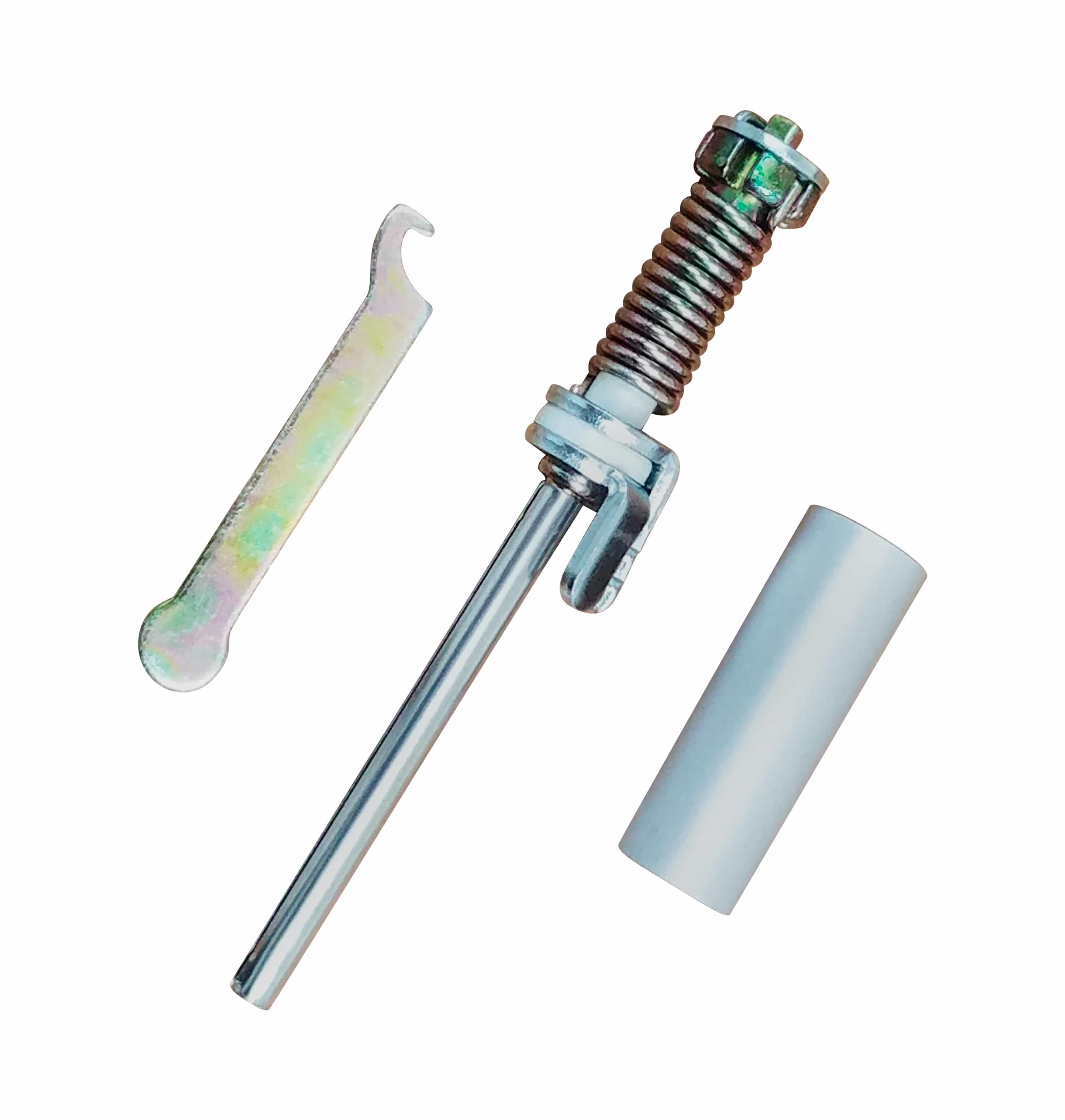 Hinge pin door closer set featuring a spring-loaded pin, mounting bracket, and installation tool for easy door operation.