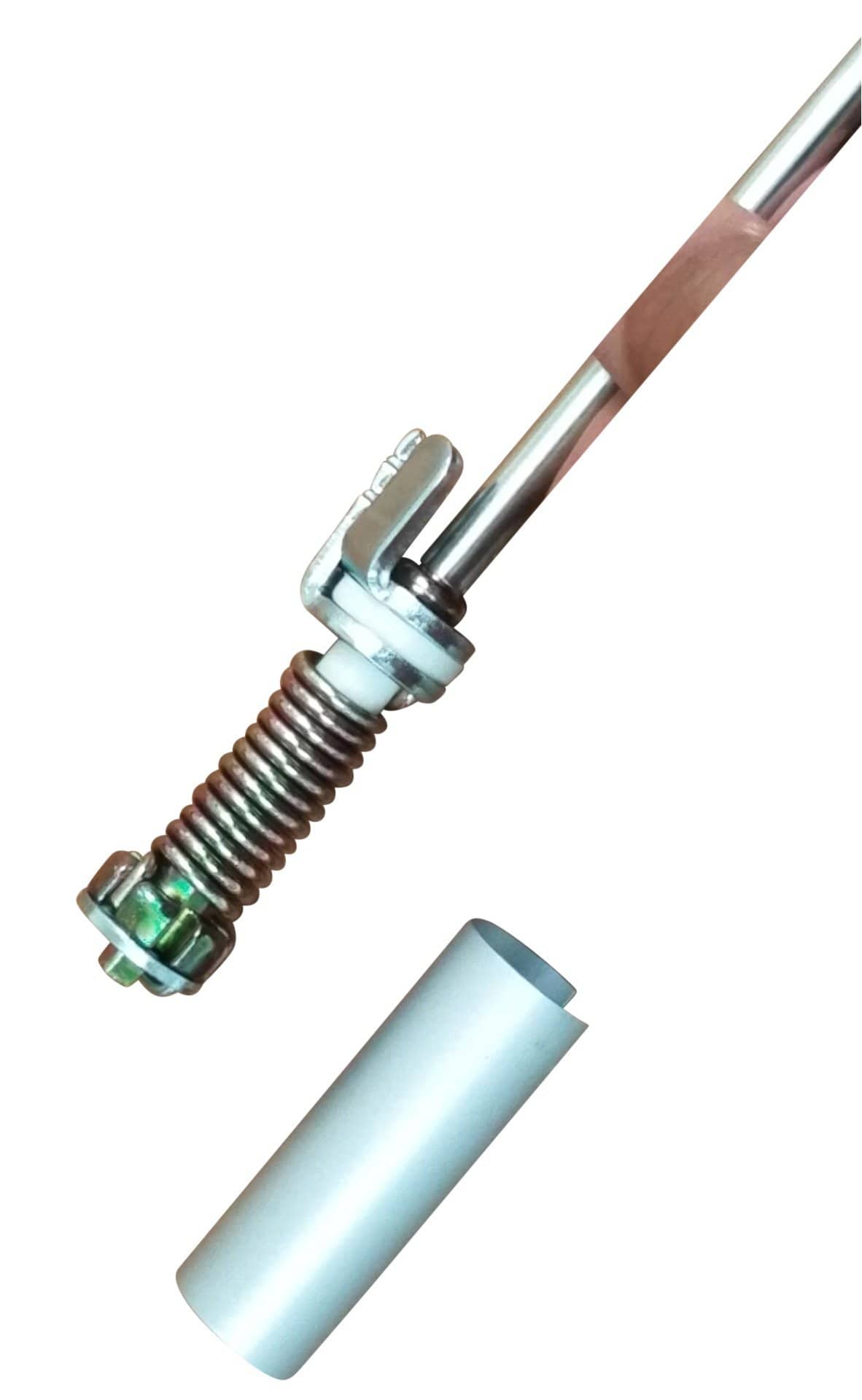 Hinge pin door closer with a metal spring mechanism and a cylindrical cover for smooth door operation.