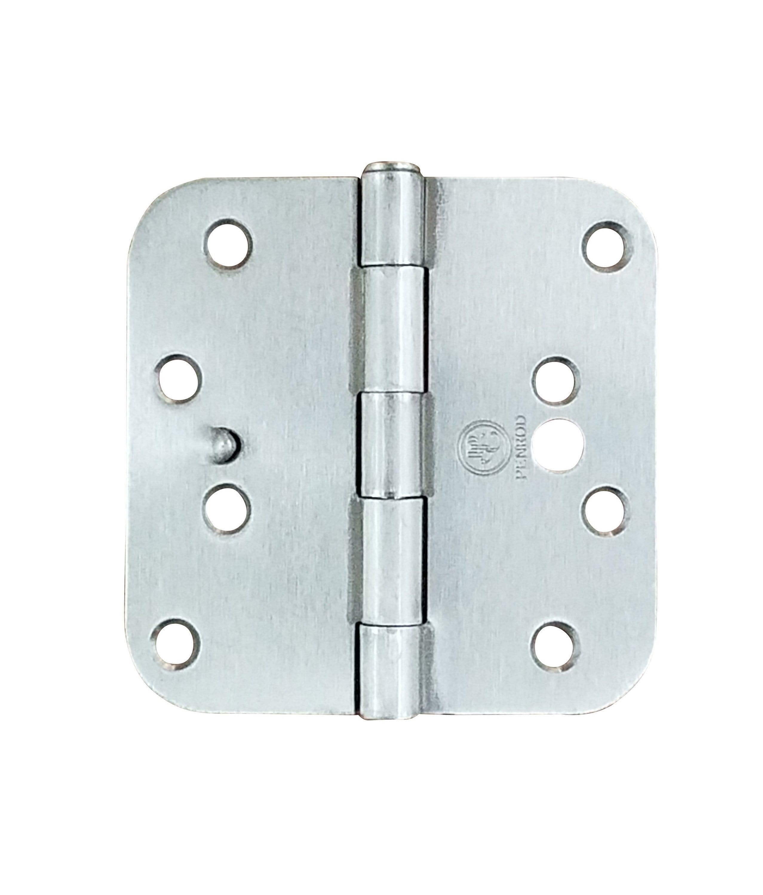 Satin nickel hinges with security tab, 4-inch size, 5/8-inch radius corners, sold in a pack of three.