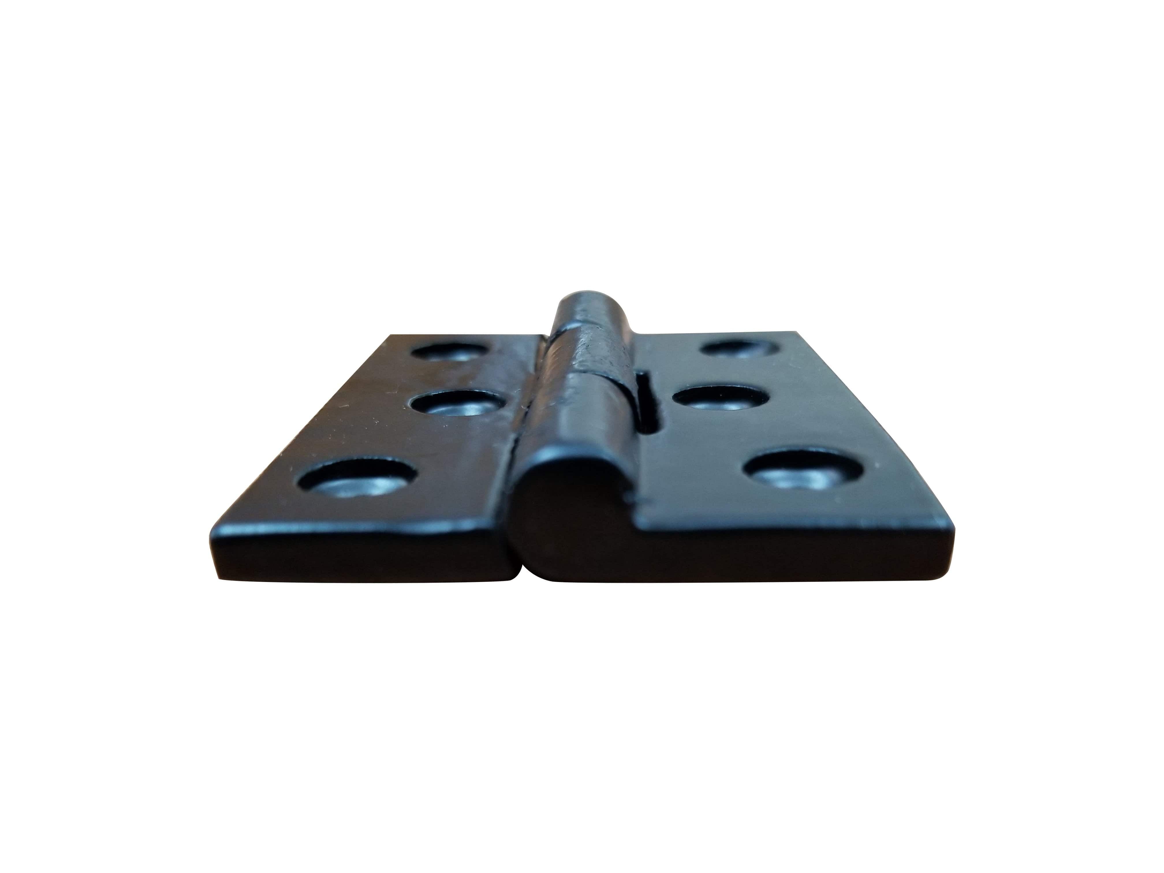 Black solid iron surface mounted small hinge for cabinets, measuring 1 5/8" x 2", sold individually.