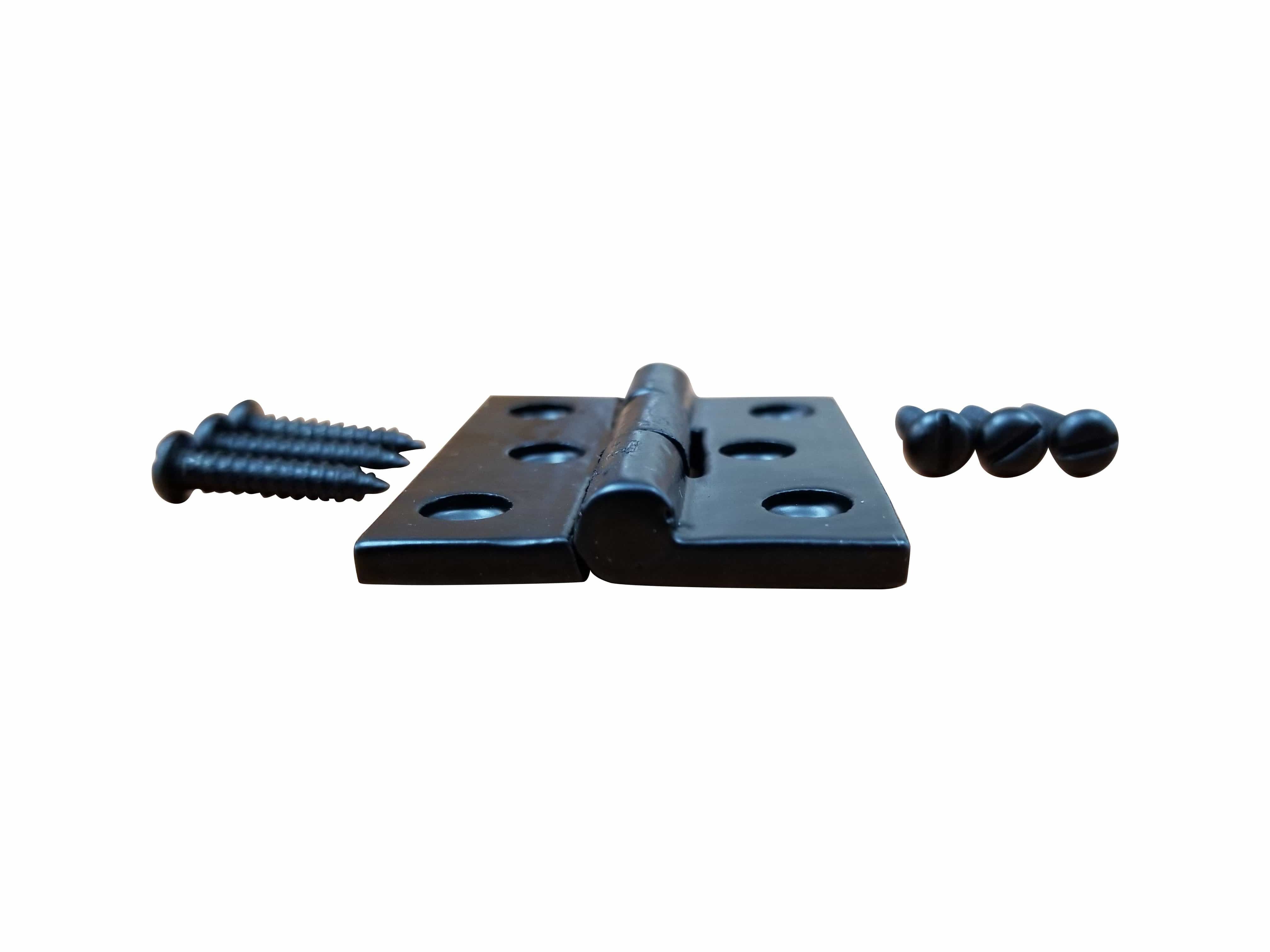 Black solid iron surface-mounted small hinges for cabinets, measuring 1 5/8" x 2", sold individually with screws.