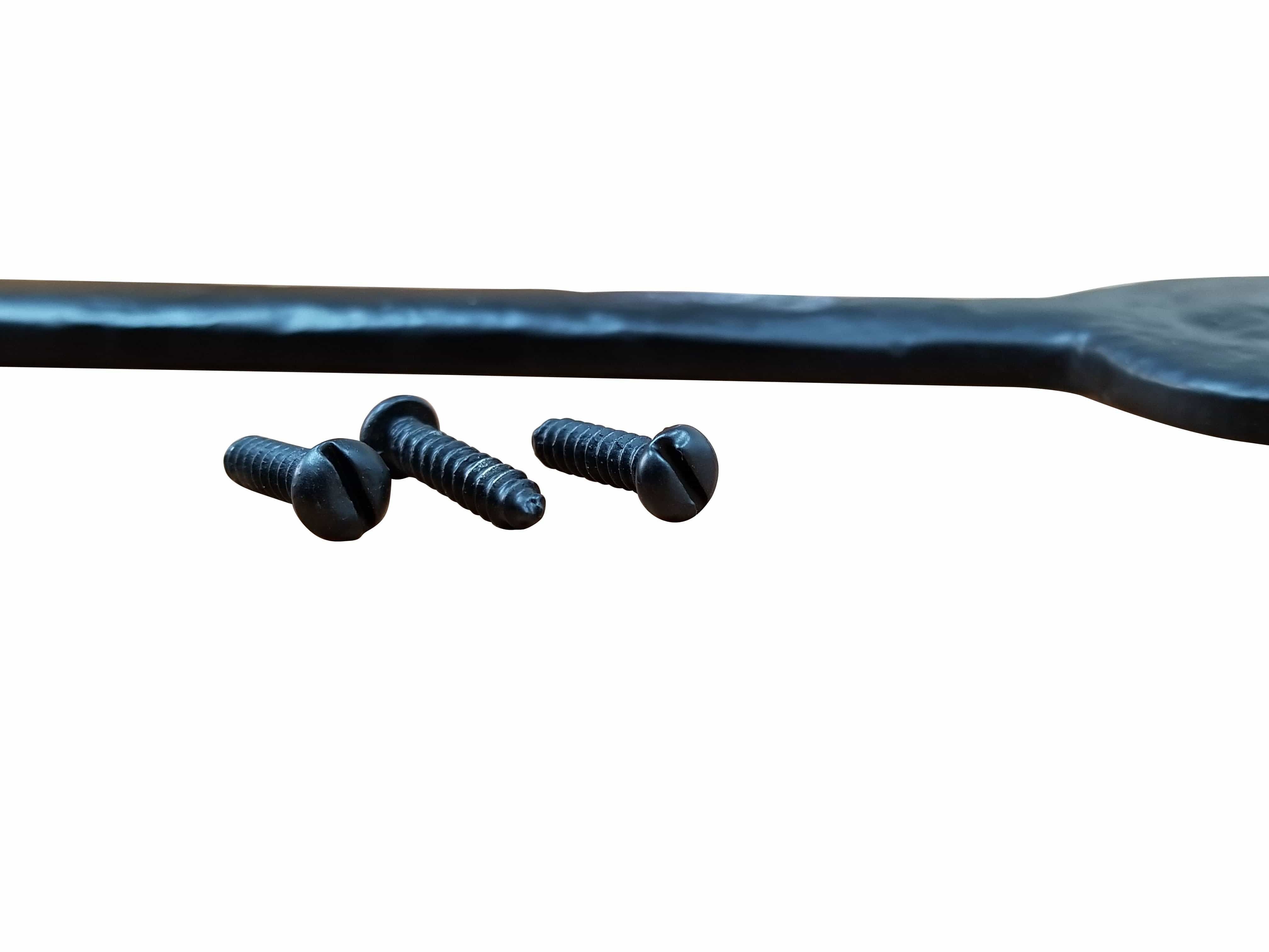 European black solid iron dummy strap hinge, 15 inches long, with three included black screws for installation.
