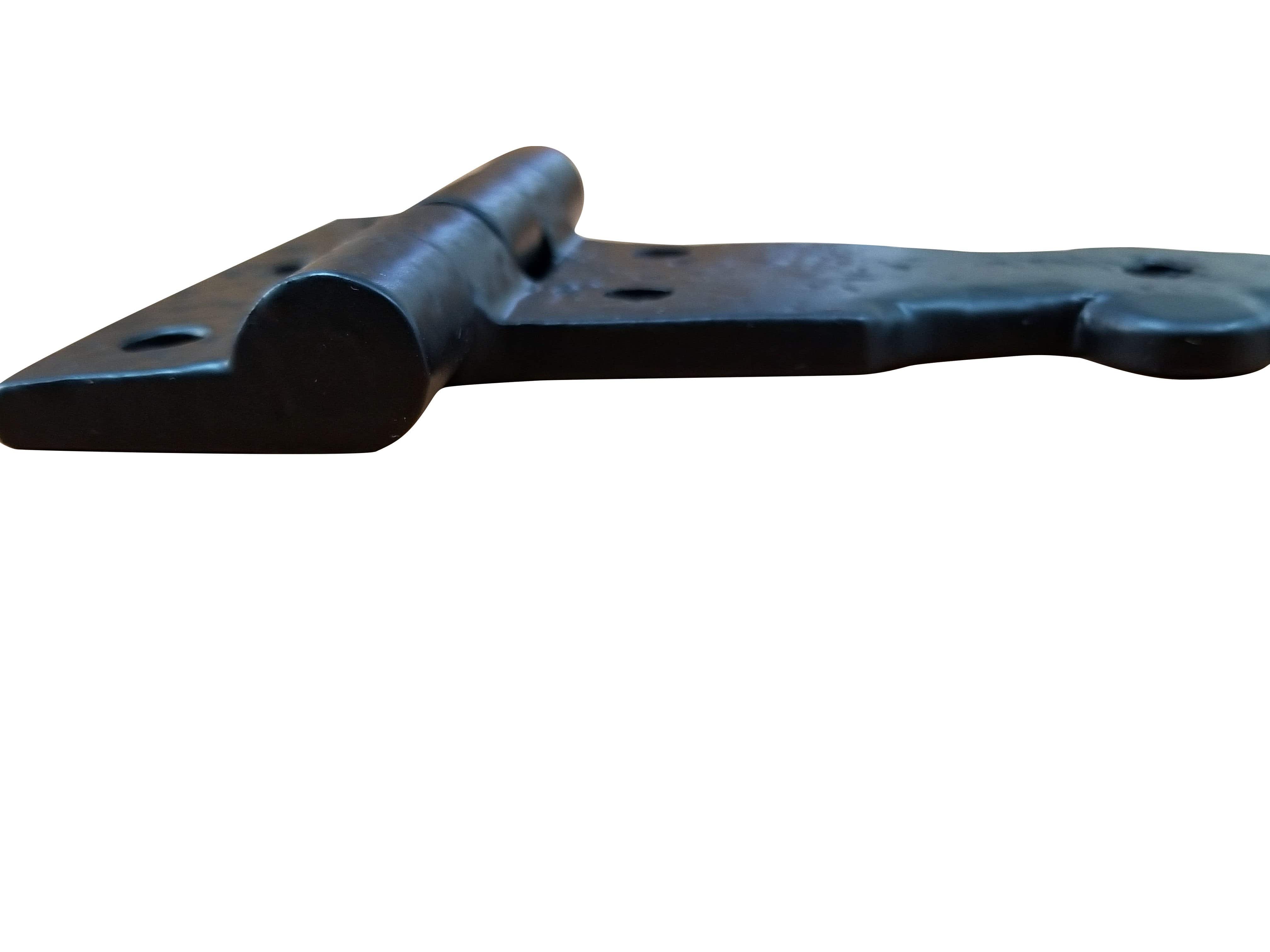 European black solid iron decorative strap hinge, 15 inches long, ideal for enhancing doors and gates. Sold individually.