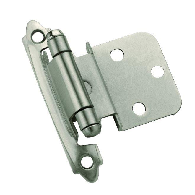Self-closing face mount cabinet hinges in 3/8 inch inset, 2.75 x 2.19 inches, available in multiple finishes, 2 pack.