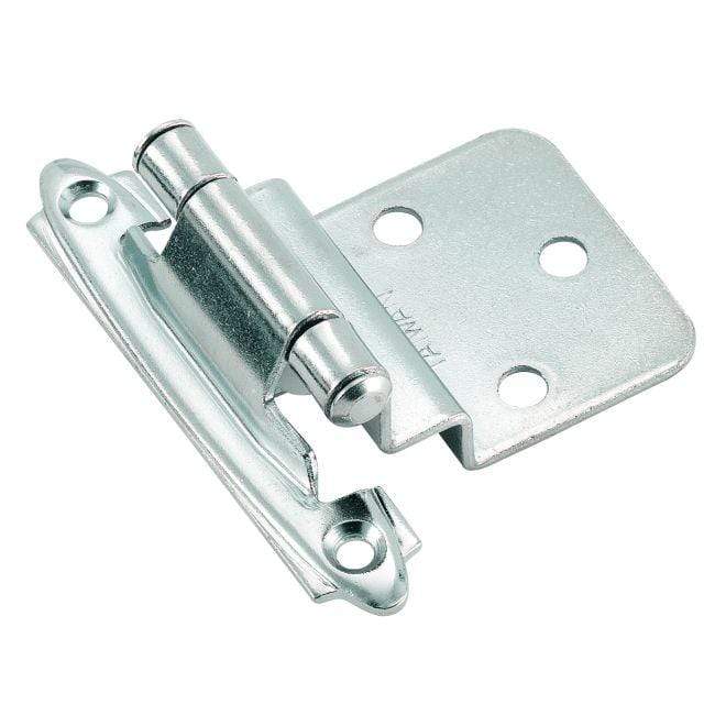 Self-closing face mount cabinet hinges for 3/8" inset, 2 3/4" x 2 3/16", available in multiple finishes, 2 pack.