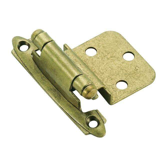 Self-closing face mount cabinet hinges in 3/8 inch inset, 2 3/4 x 2 3/16 inches, available in multiple finishes.