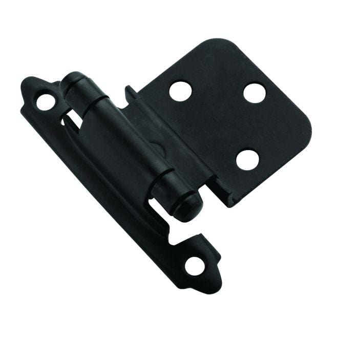Self-closing face mount cabinet hinges in 3/8 inch inset, 2 3/4 x 2 3/16 inches, available in multiple finishes, 2 pack.