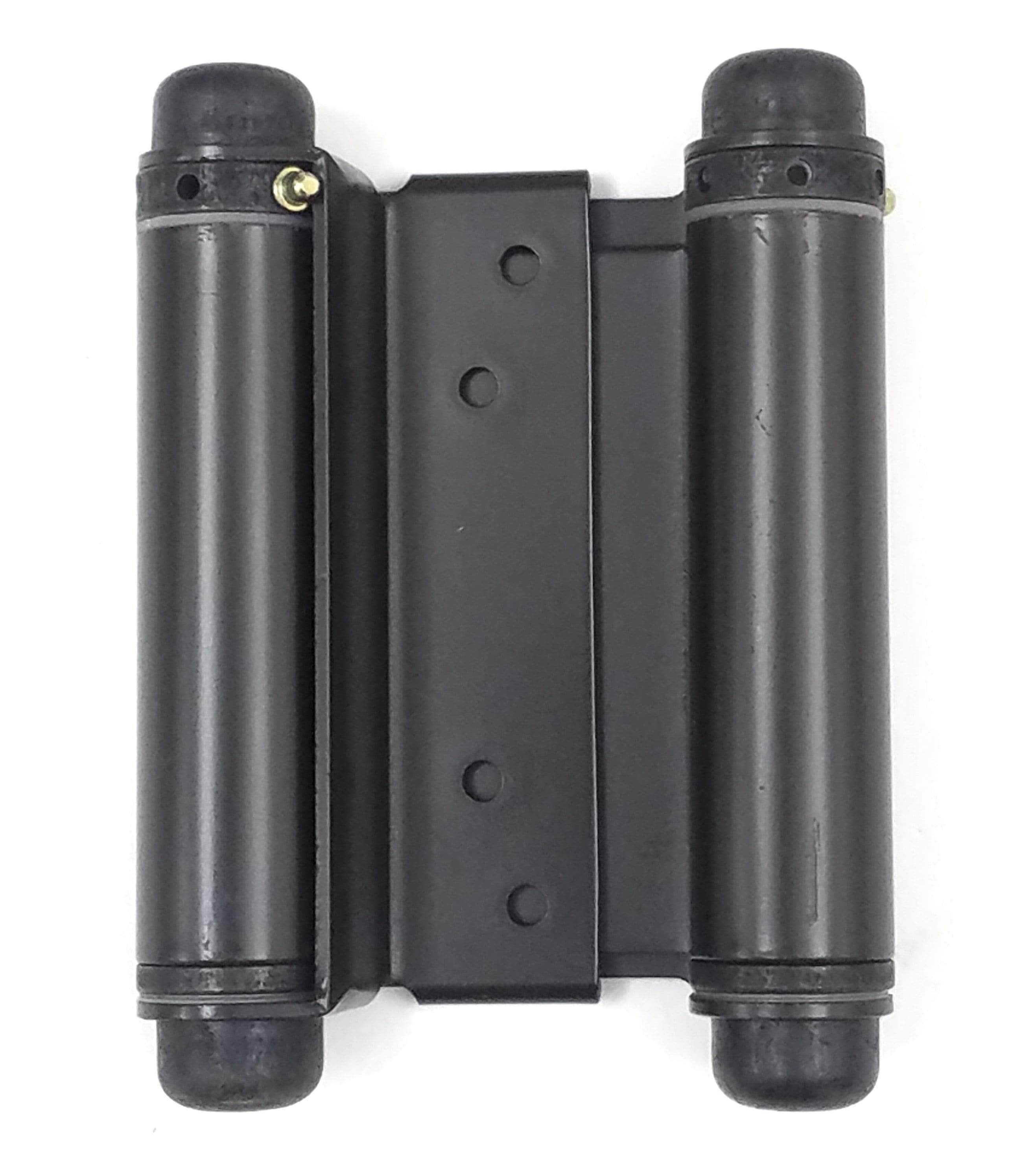Adjustable double action spring hinges in oil rubbed bronze, suitable for doors 4 to 6 inches wide.