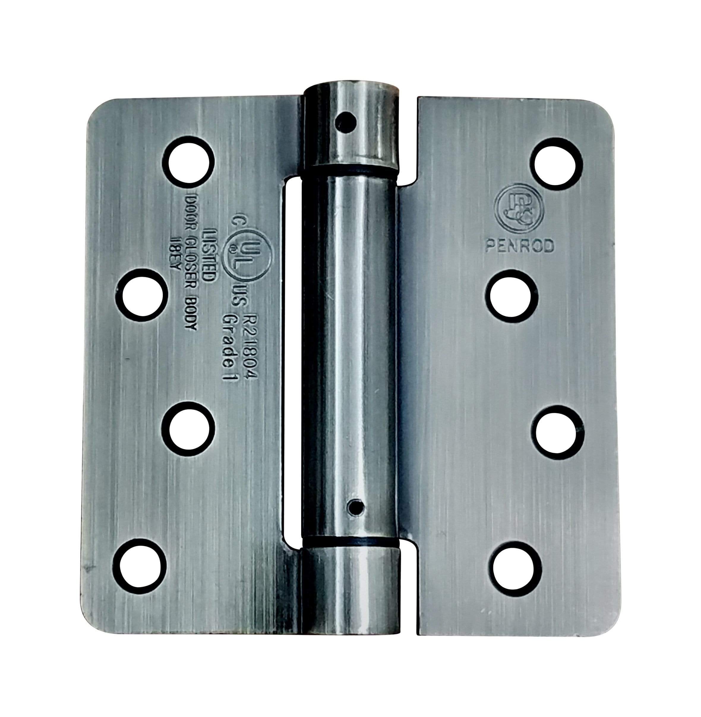 4x4 inch spring hinges with 1/4 inch radius corners, available in multiple finishes, sold in a 2 pack.