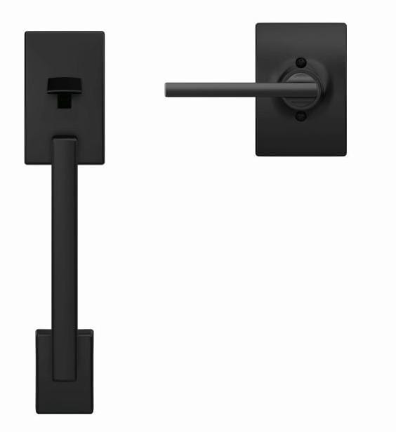 Matte black Schlage residential front door handleset with Century style and Latitude lever, sold individually.
