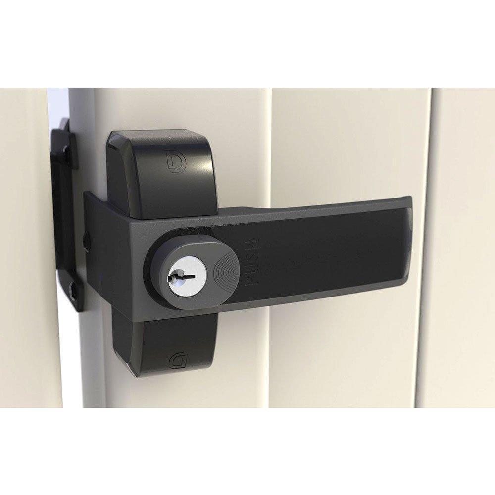 Black magnetic lock latch with a keyhole and push mechanism, designed for secure door locking.