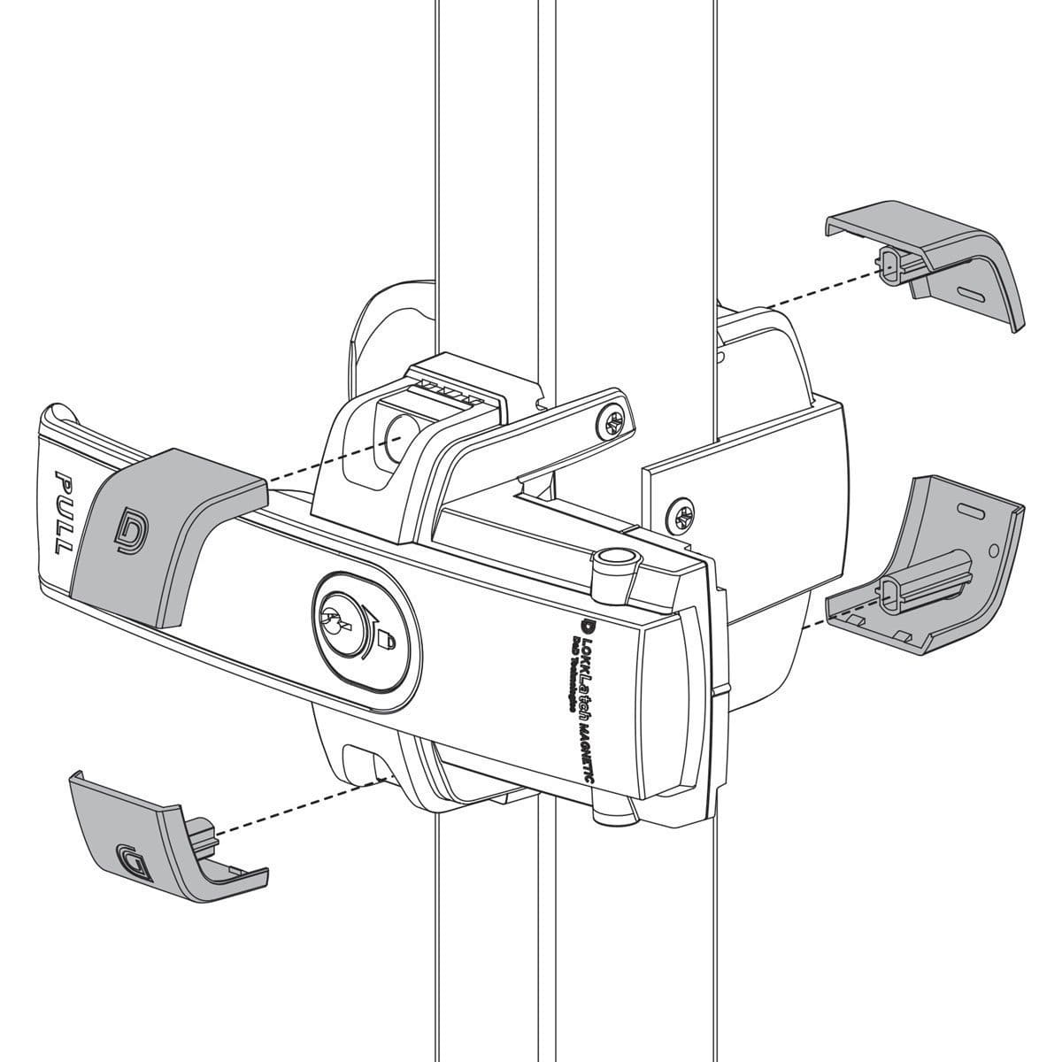 Magnetic lock latch in black, designed for secure door locking with detailed installation components.