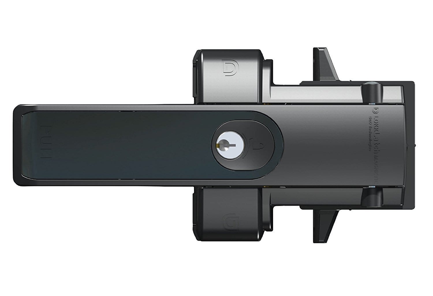 Magnetic lock latch in black with a sleek design and keyhole for secure locking mechanisms. Ideal for gates and doors.