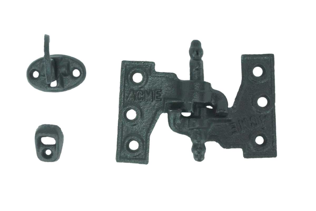 Acme mortise shutter hinges in weather-resistant coating, cast iron, available in multiple sizes, sold as a set.