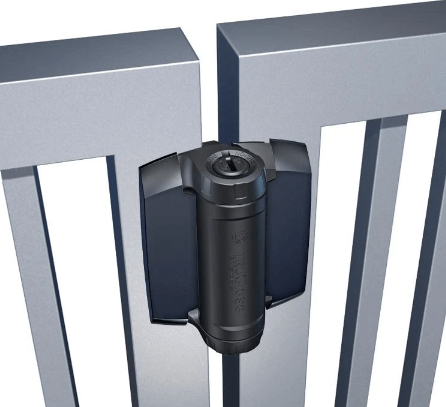 Adjustable black gate spring hinge for metal gates, suitable for gaps of 11/32” to 1”, sold in a 2-pack.