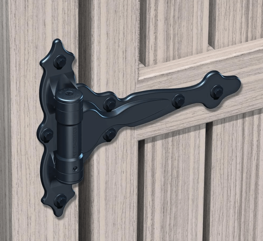 Adjustable black T-hinge for gates, suitable for wood, metal, or vinyl with a gap of 1/4" to 7/8".