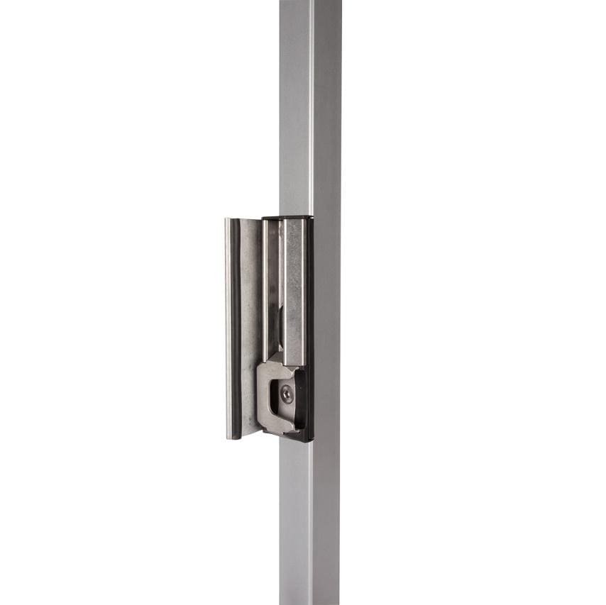 Adjustable stainless steel security keep for gates, designed for square profiles 1-1/2" to 2-1/2", available in multiple finishes.