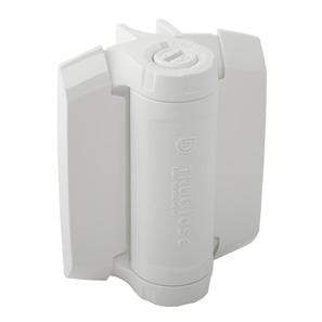 Adjustable white gate spring hinge for fixed gap of 13/16 inch, designed for metal gates and easy installation.