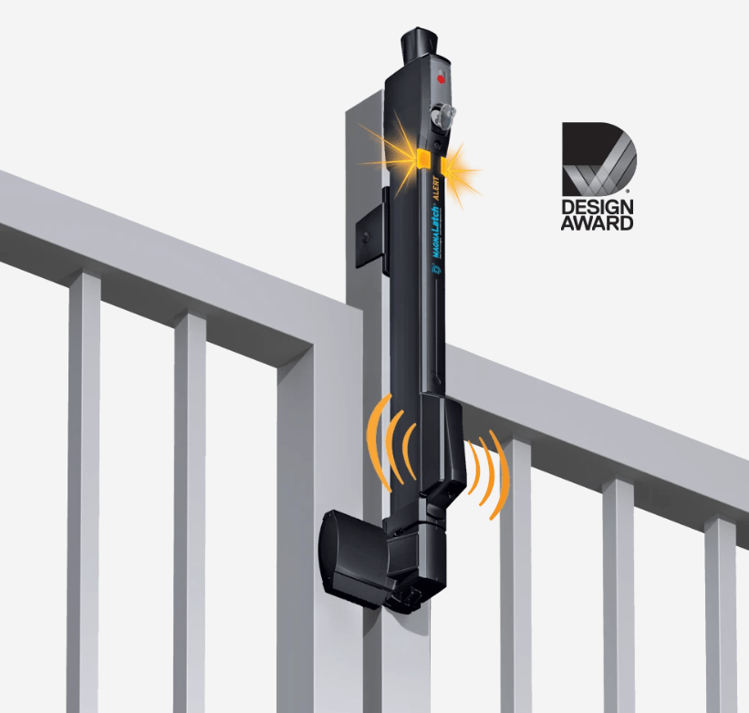 Top Pull Alert Gate Latch with electronic alarm for 3/4" gate gaps, suitable for metal, wood, or vinyl gates.