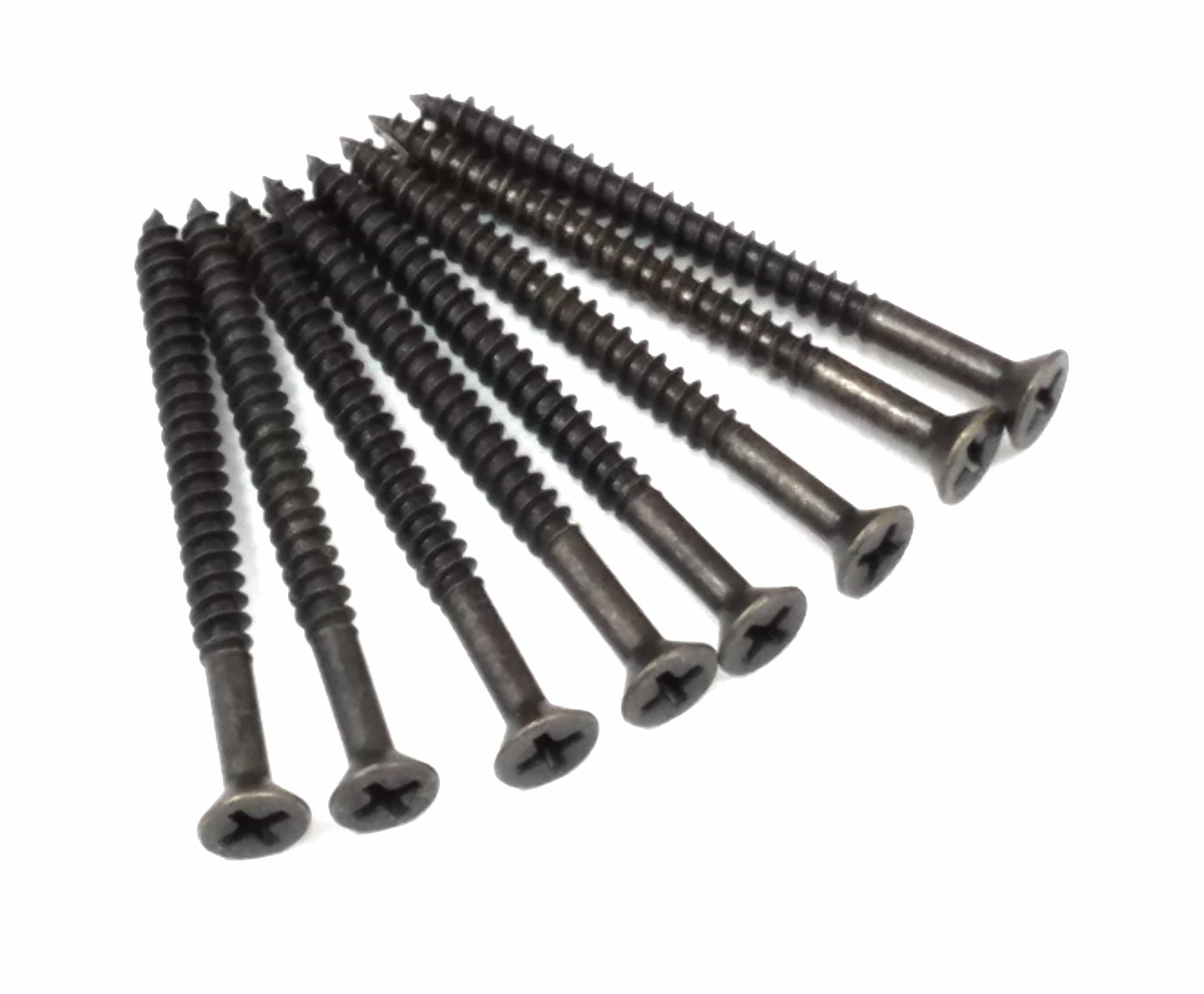 Flat head wood screws in antique brass finish, 2 1/4 inches long with 1 1/2 inch thread, available in 24 or 96 pack.