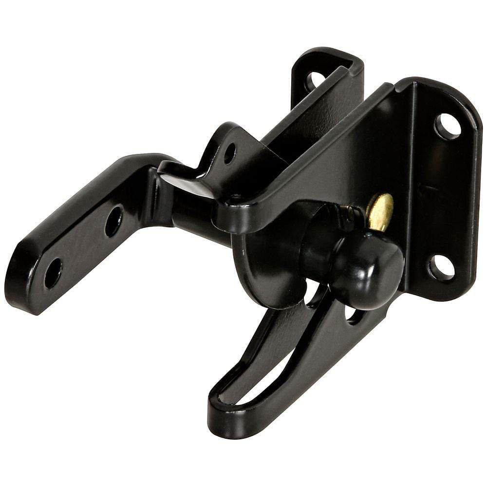 Automatic gate latch in black finish, designed for secure closure and easy operation, sold individually.